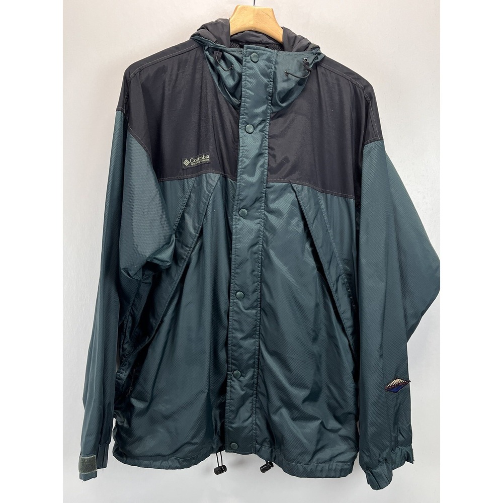 Men's Columbia Windbreaker Jacket Sz L GUC Hood Green Black Omni Shield